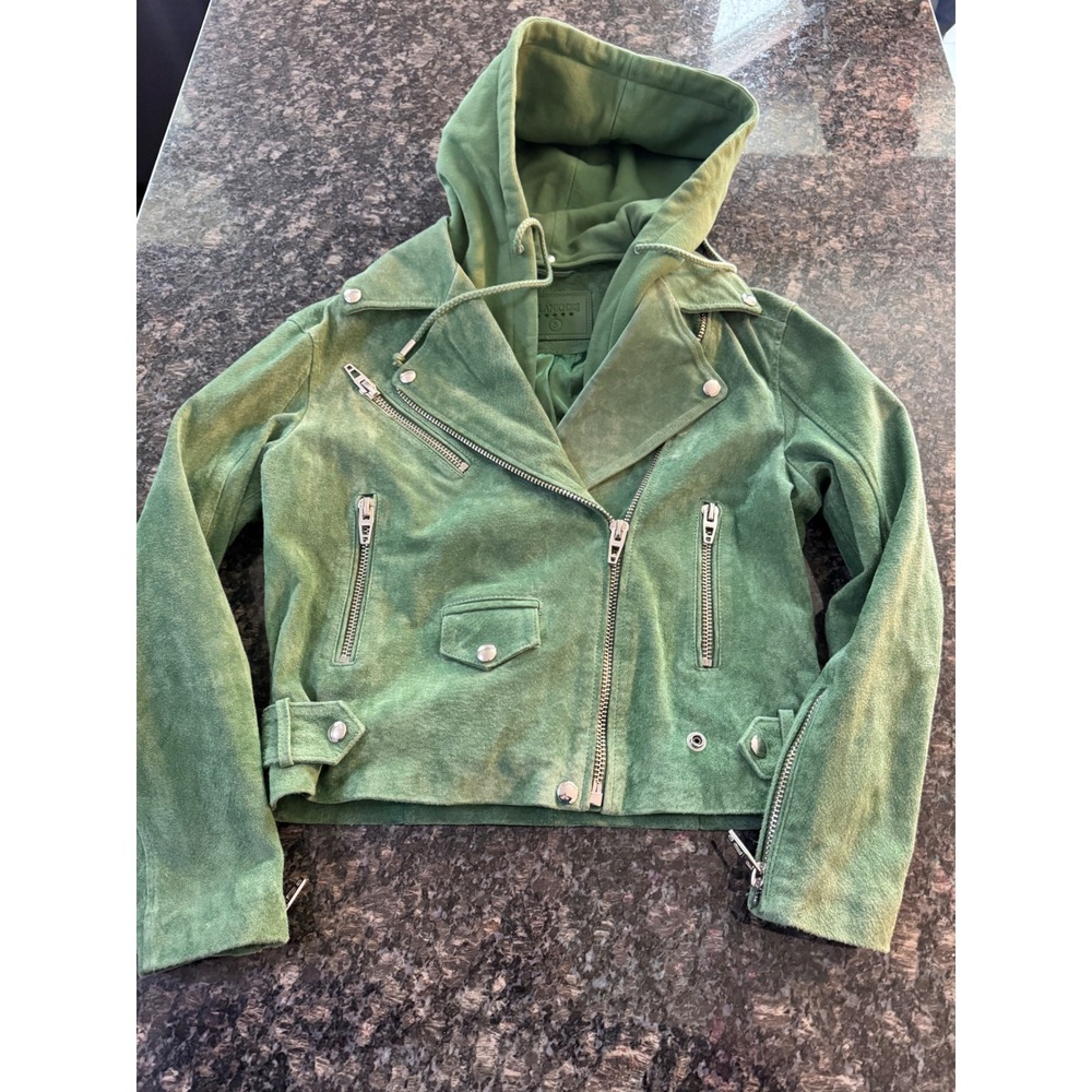 Blank NYC Suede leather Moto Jacket Green removable Hood full zip coat Biker.